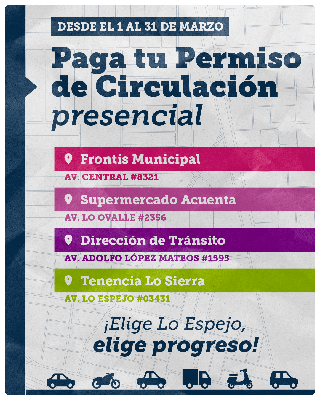 Lugares habilitados para pago presencial:Frontis Municipal – Av. Central C. Raúl Silva Henríquez N°8321 Tenencia Lo Sierra – Av. Lo Espejo N°03431 Supermercado Acuenta – Av. Lo Ovalle N°2356 Dirección de Tránsito – Adolfo López Mateos N°1595